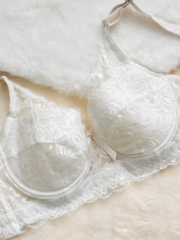 Lace Patchwork Semi-Sheer Bow Adjustable Spaghetti Strap Bra, Suitable For Summer & Spring