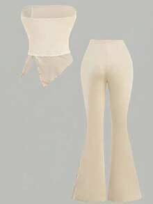 SHEIN Girlism 少女两件套：褶皱短款上衣，不对称下摆，喇叭裤，新年装扮 - 杏色 - 查看 2