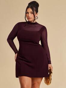 SHEIN BAE Robe midi déchirée à manches longues en maille sexy et patchwork pour femmes de grande taille, robe mini élégante en maille bordeaux avec dos découpé pour femmes, robe moulante de soirée à col montant et manches longues en maille transparente avec détail de dos découpé en bordeaux, parfaite pour les fêtes, robe mini sophistiquée en bordeaux pour femmes avec manches longues transparentes, col montant et design de dos découpé à la mode - Lie de vin - Voir 7