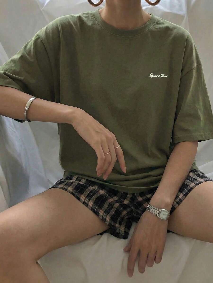 DAZY Loose Fit Letter Print T-Shirt & Plaid Shorts Pajama Set, Outfits - Army Green - View 1