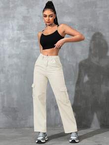 SHEIN EZwear 纯色斜插口袋宽松休闲工装牛仔裤 - 杏色 - 查看 5