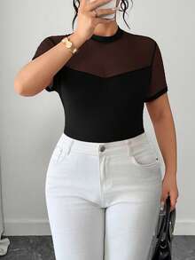 SHEIN Tall CURVE Plus Size Elegant Solid Color Stretchy Fitted Sheer T-Shirt - Black - View 6