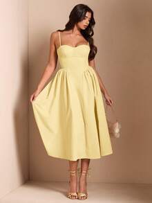 SHEIN BAE Đầm dài không tay dáng phồng thanh lịch dành cho nữ, thích hợp cho các buổi hẹn hò hàng ngày, đi chơi, đi hộp đêm, dự tiệc và các buổi tụ họp vào mùa thu. - Màu vàng - Xem 5