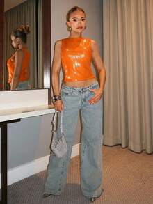 SHEIN BAE Áo vest không tay màu xanh ô liu trơn, kiểu dáng bất đối xứng, đính kim tuyến, thích hợp cho buổi hẹn hò, tiệc tùng, trà chiều, đám cưới, sinh nhật, lễ tình nhân, hòa nhạc, phong cách tối giản và thời trang, có thể mặc đi chơi đêm hoặc đến câu lạc bộ. - Màu Cam cháy - Xem 3