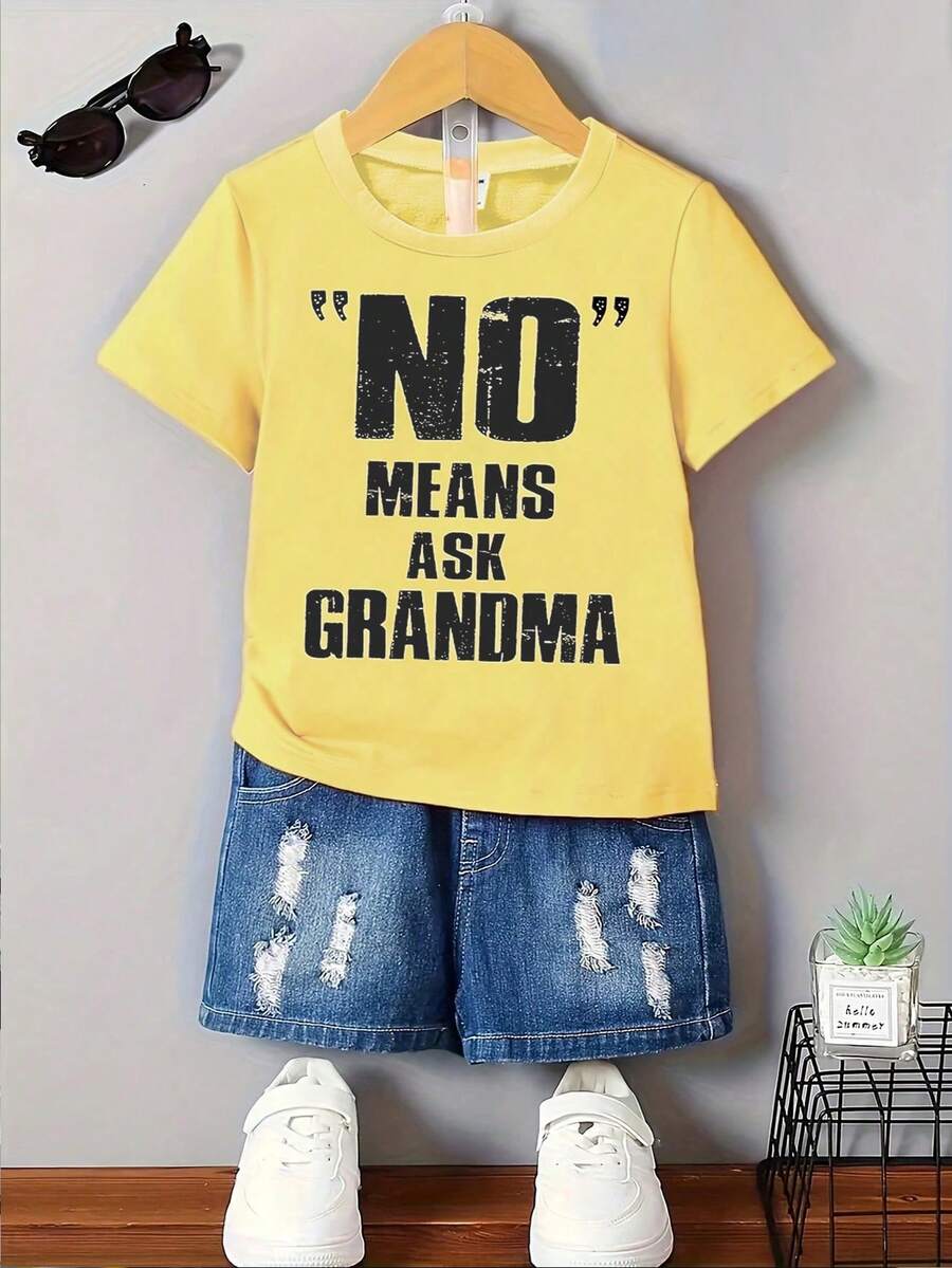 男婴休闲舒适时尚创意可爱字母印花T恤 “NO”意味着要问奶奶 标语图案T恤,适合春夏日常穿着 - 黃色 - 查看 1