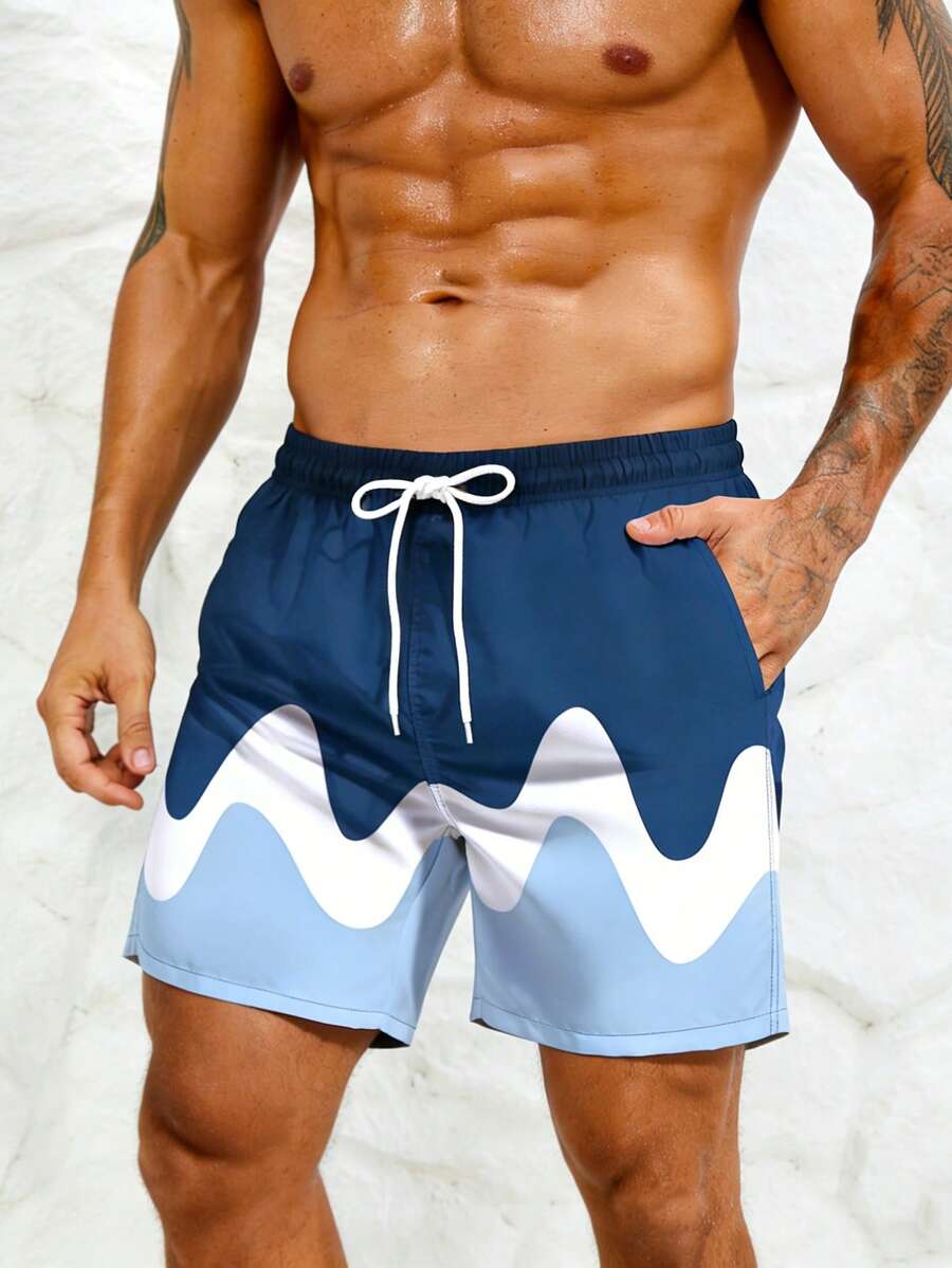 Manfinity KASUA Men's Casual Colorblock Print Beach Shorts - Blue - View 1