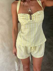 Opulessa Women's Woven Striped Halter Neck Top, Spring/Summer - Yellow - View 3