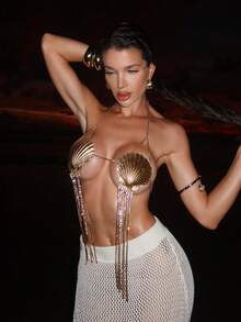 SHEIN Swim SXY 性感露背贝壳水钻流苏装饰金色上衣，女士款 - 金色 - 查看 8