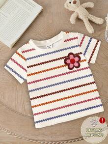 SHEIN 1 set T-shirt à manches courtes décontracté, confortable, mode, frais et mignon avec imprimé rayé et floral. Convient pour le port quotidien au printemps/été et les hauts - Multicolore - Voir 3
