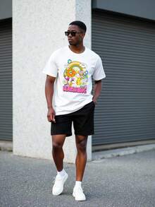 Manfinity Homme Áo thun nam tay ngắn cổ tròn in chữ hoạt hình, kiểu dáng thường ngày, thích hợp mặc ở nhà. - trắng - Xem 5