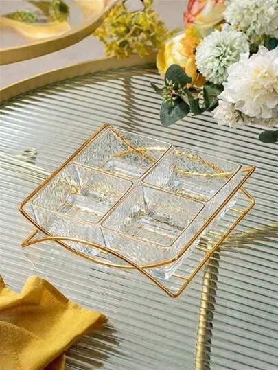 1 PC Curved Golden Frame Tray Snack Nuts Fruits Dish Set.