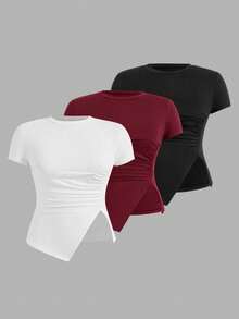 SHEIN Essnce Women's Plus Size Round Neck Side Slit Ruched 3 PiecesT-Shirt Set - Multicolor - View 10