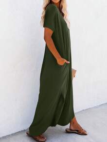 Louniche Women's Casual Solid Color High Slit Short Sleeve Midi Dress, Summer - Army Green - View 5