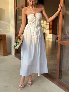 Beach Party Holiday Outfit Summer White Halter Midi Dress For Women Sundress - Beige - View 3