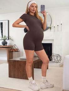 SHEIN Bộ áo liền quần bầu tay ngắn, cổ tròn, ôm dáng, màu trơn, kiểu dáng thường ngày. - Cà phê nâu - Xem 7