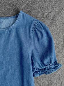 SHEIN Tween Girl Textured Bow Detail Pleated Dress - Medium Wash - View 3