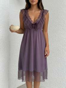 Romantic Mesh Lace Patchwork Ruffle Trim Backless Camisole Nightgown, Pajama - Purple - View 2