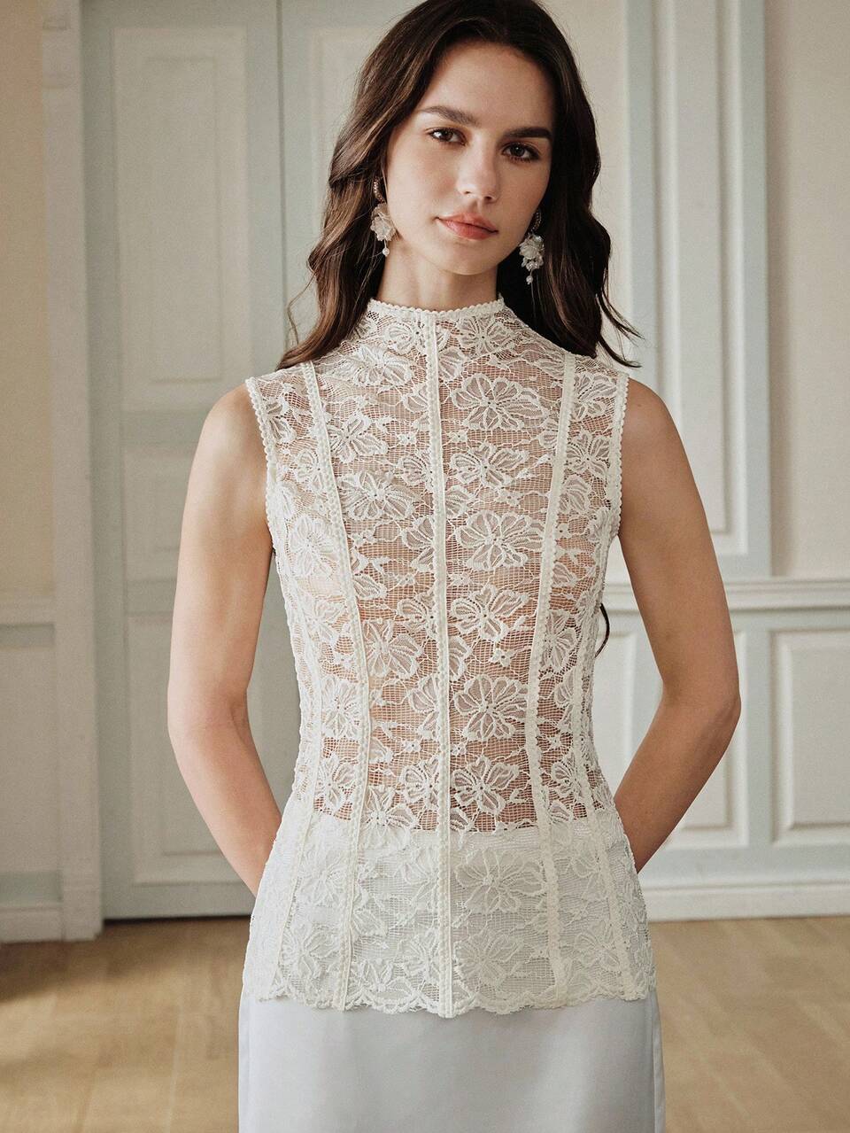 Anewsta Spring Summer Sexy Elegant Party Golf Banquet Sheer Collar Sleeveless Floral Patchwork Women Camisole Top White