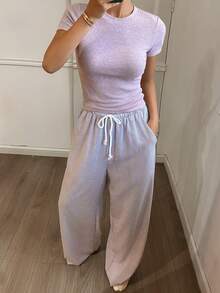 DAZY Women's Casual Slim Fit Top And Loose Pajama Pants Sleepwear Set - Purple - View 4