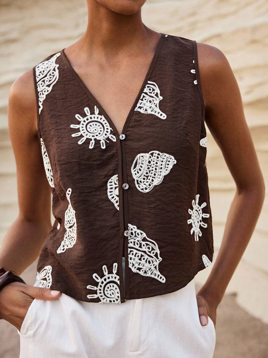 Maija 女士度假休闲刺绣纽扣前开襟背心 - 咖啡棕 - 查看 1