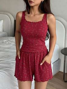 DAZY 2pcs Women Ditsy Floral Knit Comfy Pajama Set - Burgundy - View 4