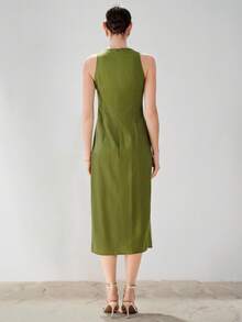 Aveloria Modichic Women's Olive Green Summer Elegant Tea Party Vacation Holiday Dress,Faux Linen Round Neck Asymmetric Metal Buckle Decor Waist Sleeveless Midi Dress - Green - View 6