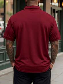 Manfinity Homme Kemeja Polo Lengan Pendek Kasual Kancing Tunggal Ukuran Besar Pria, Musim Panas - Burgundy - View 3