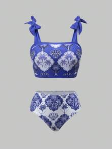 Swim Oasis 2026新款复古印花棕榈树图案女士度假沙滩椰树印花泳装套装，优雅休闲沙滩假日装扮，音乐节装扮，度假装扮，海边约会装扮，假日装扮，性感，优雅，休闲装扮，沙滩派对装扮，泳池派对装扮，女士沙滩装扮，女士度假套装，女士夏季装扮，女士夏季泳装套装 - 彩色 - 查看 4
