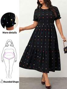 SHEIN Unity Plus Size Women Round Neck Short Sleeve Ruffle Hem Casual Heart Print Dress, For Apple And Rounded Body Shape - Black - View 1