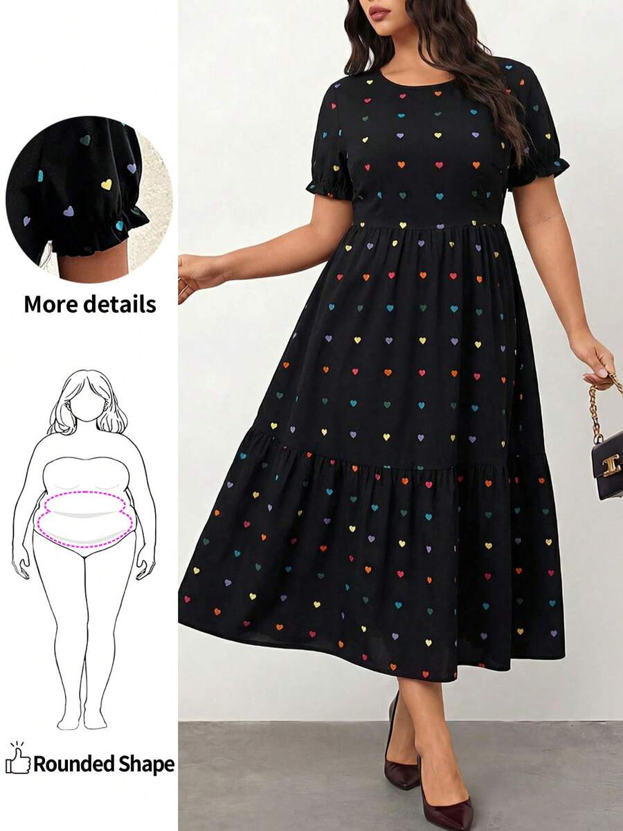 SHEIN Unity Plus Size Women Round Neck Short Sleeve Ruffle Hem Casual Heart Print Dress, For Apple And Rounded Body Shape - Black - View 1