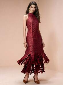 Arave Đầm dài dệt kim cổ tròn không tay, thiết kế tua rua, thanh lịch dành cho nữ, thích hợp cho hẹn hò, tiệc tùng, du lịch. - Màu Đỏ Sâu - Xem 1