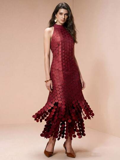 Arave Đầm dài dệt kim cổ tròn không tay, thiết kế tua rua, thanh lịch dành cho nữ, thích hợp cho hẹn hò, tiệc tùng, du lịch.