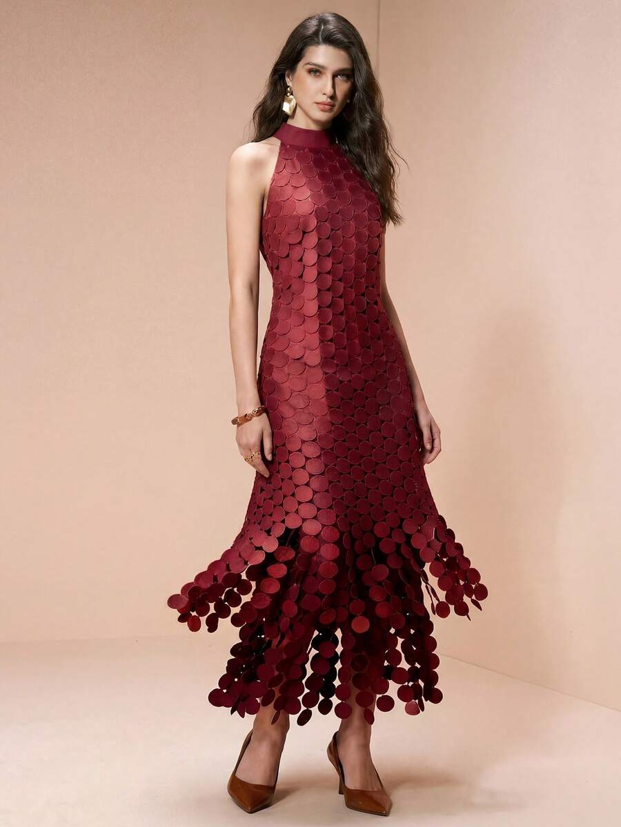 Arave Đầm dài dệt kim cổ tròn không tay, thiết kế tua rua, thanh lịch dành cho nữ, thích hợp cho hẹn hò, tiệc tùng, du lịch. - Màu Đỏ Sâu - Xem 1