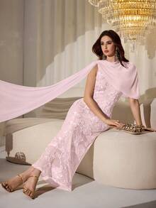 Modelyn Spring & Summer Elegant 3D Embroidered Floral Patchwork Chiffon Cinched Waist Dress - Pink - View 9