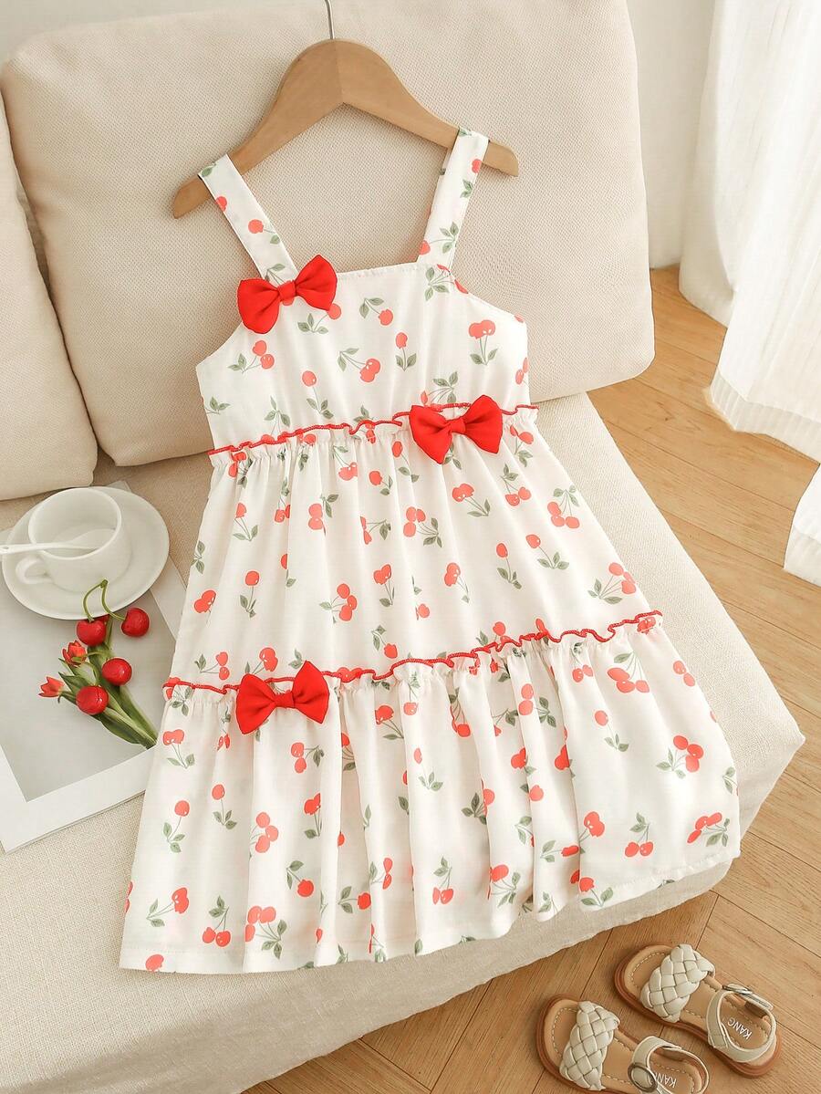 Đầm bé gái (cỡ nhỏ) in hình quả anh đào, thắt eo, xếp ly, điểm nhấn nơ đỏ, kiểu dáng thanh lịch, thoải mái cho kỳ nghỉ. - Nhiều màu - Xem 1