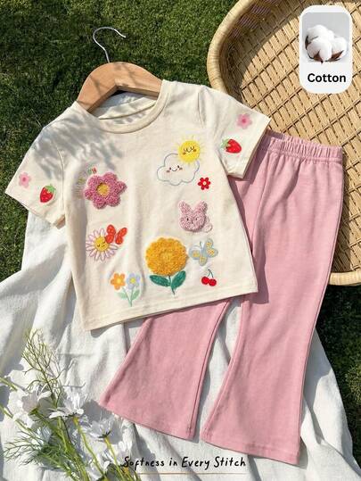 Cozy Pixies 2件套女婴卡通动物印花柔软针织圆领短袖上衣和松紧腰短裤套装