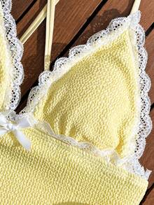 SHEIN Swim 春夏阳光沙滩泳装两件套，甜美可爱碎花褶皱蝴蝶结蕾丝边装饰女士吊带比基尼 - 黃色 - 查看 6