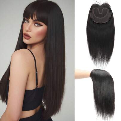 ZERO-NET 16英寸8*10大面积蕾丝假发片，真人发丝，直发无刘海，无需胶水，佩戴方便，非常适合日常外出。