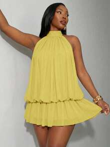 SHEIN SXY Plus Size Sexy Solid Color Backless Halter Mini Dress, Summer - Yellow - View 3