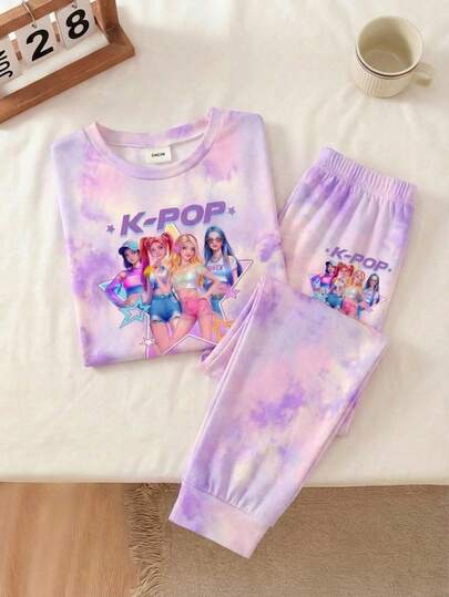 女童休闲舒适短袖长裤拼接修身家居服，适合春夏穿着