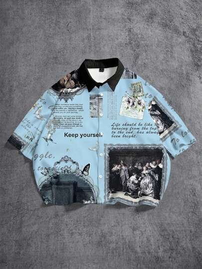 Manfinity ZONE917 Camisa de manga corta con estampado all-over de moda callejera para hombres