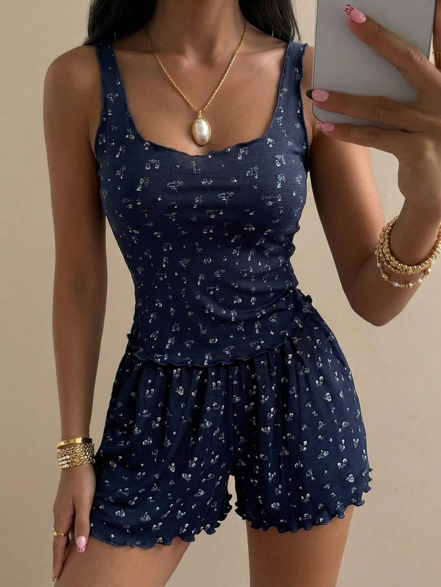 DAZY 2pcs Women Comfortable Ditsy Floral Pajama Set - Black and White - View 1