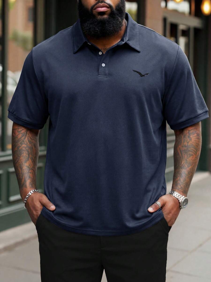 Manfinity Homme Men's Plus Size Solid Color Button-Up Short Sleeve Polo Shirt, Summer Casual - Navy Blue - View 1