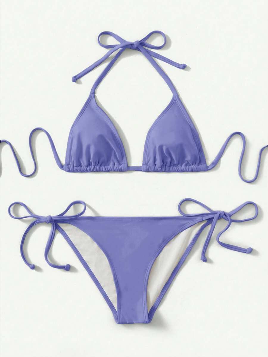 Swim Basics 女士纯色简约日常穿搭挂脖比基尼套装 - 藍色 - 查看 1