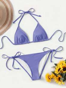 Swim Basics 女士纯色简约日常穿搭挂脖比基尼套装 - 藍色 - 查看 5