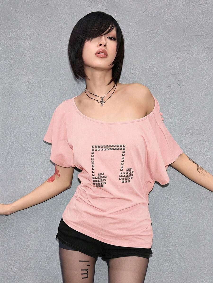 ROMWE Grunge Punk Y2K朋克十字铆钉设计激光切割宽松纯色T恤，百搭 - 粉色 - 查看 1