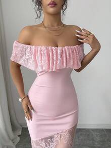 Rafferiza Đầm nữ màu hồng thanh lịch, trễ vai, cổ bèo nhún, phối ren, ôm sát, thích hợp cho mùa xuân/hè, đầm dự tiệc sang trọng. - Hồng - Xem 4