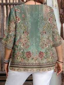 EMERY ROSE Women's Casual Minimalist Green Paisley Floral Placement Print 3/4 Sleeve Shirt, Suitable For Spring And Summer - Multicolor - View 2