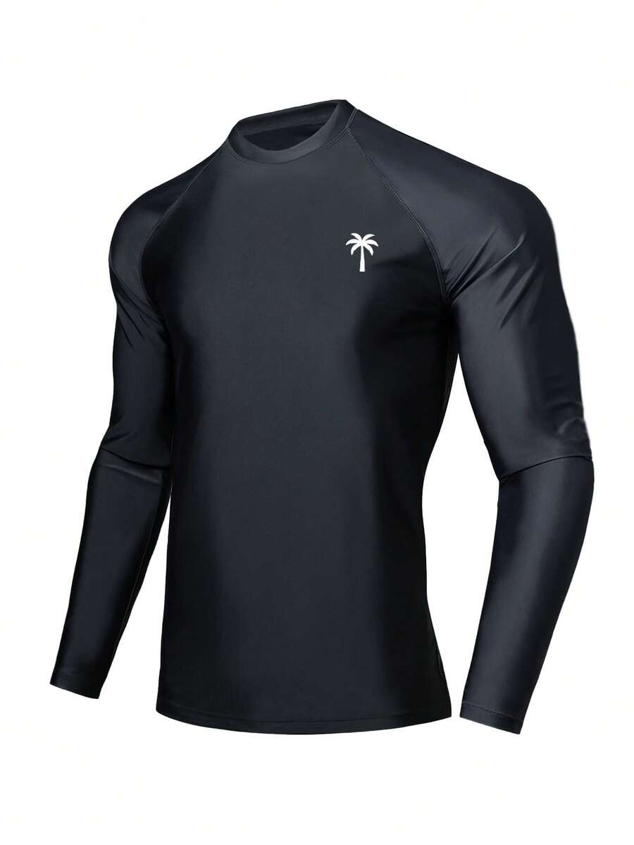 Manfinity KASUA 男士椰树印花长袖防晒衣，泳装和冲浪服 - 黑色 - 查看 1