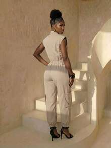 BamGlimmer Spring Valentine's Day New Year Holiday New Design Silhouette Jumpsuit, Fashionable Tropical Vacation Casual Style, Suitable For Travel, Daily Wear, Back To School, Party - Khaki - View 2